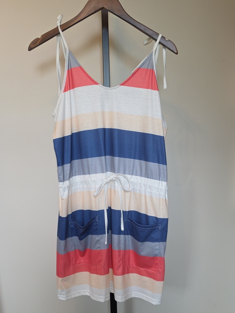 Striped Drawstring Dress- Coral, Navy & Cream, Size M